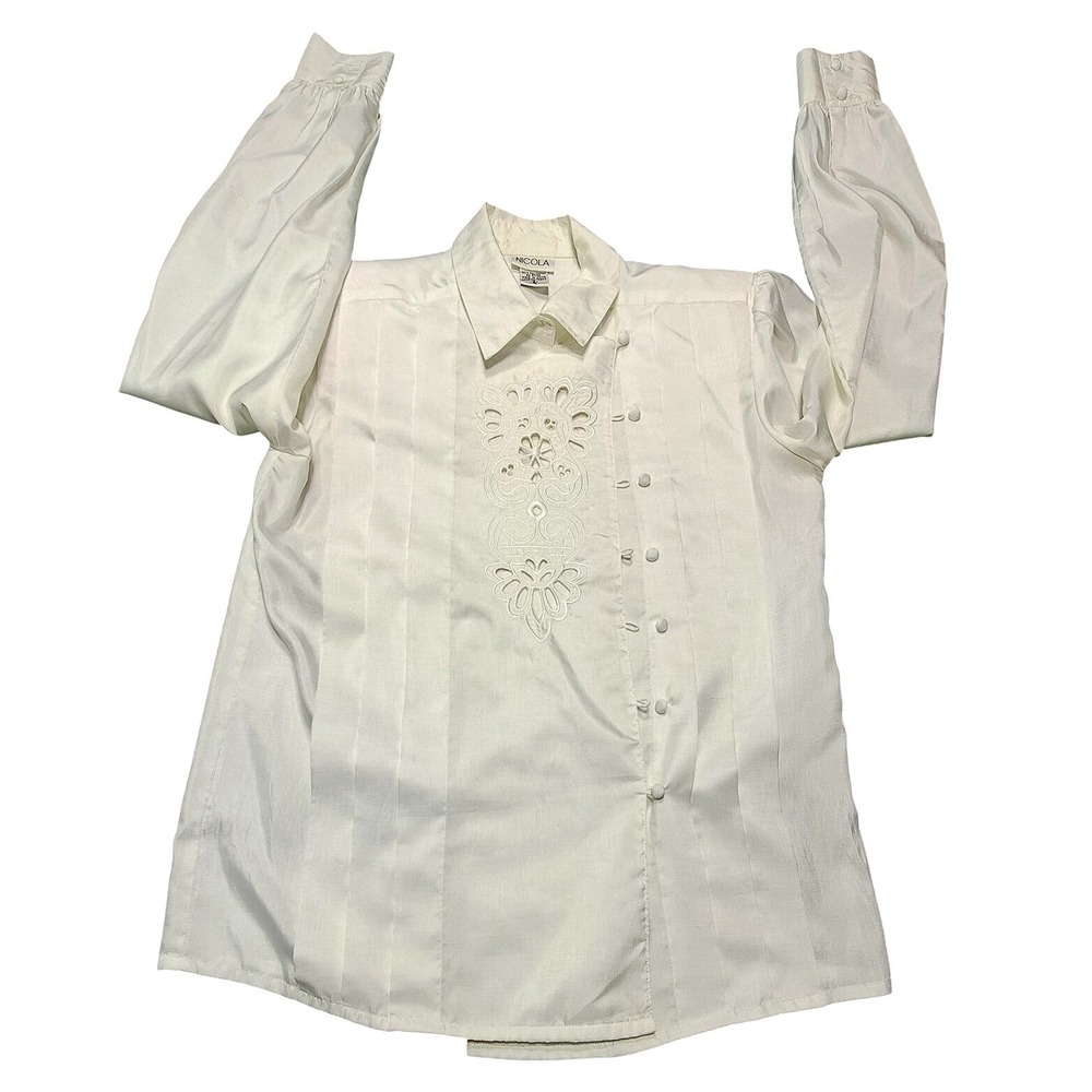 Nicola Vintage Cream Eyelet Embroidered Side Button Blouse Sz 6 Long Sleeve